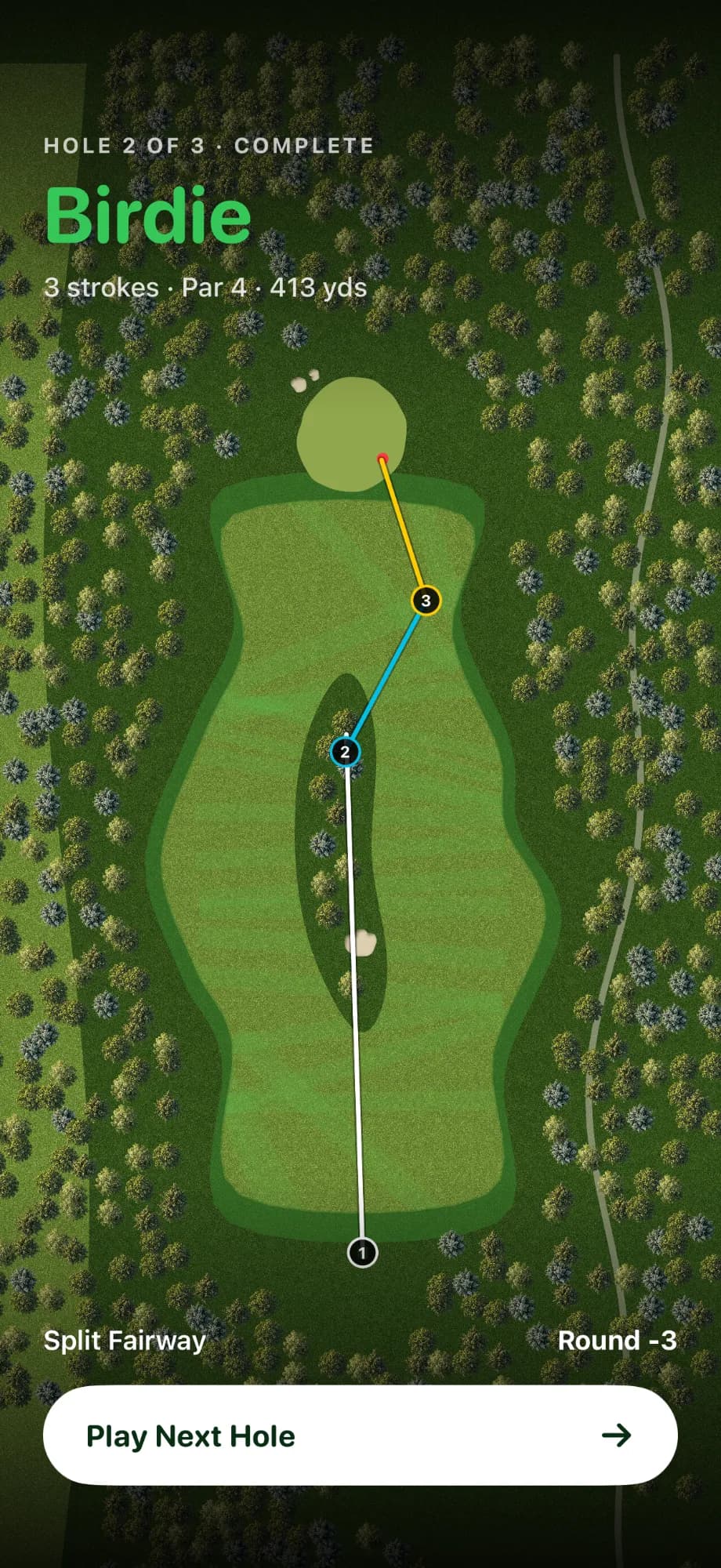A completed par 4 with three shots traced from tee to cup, scored as a birdie